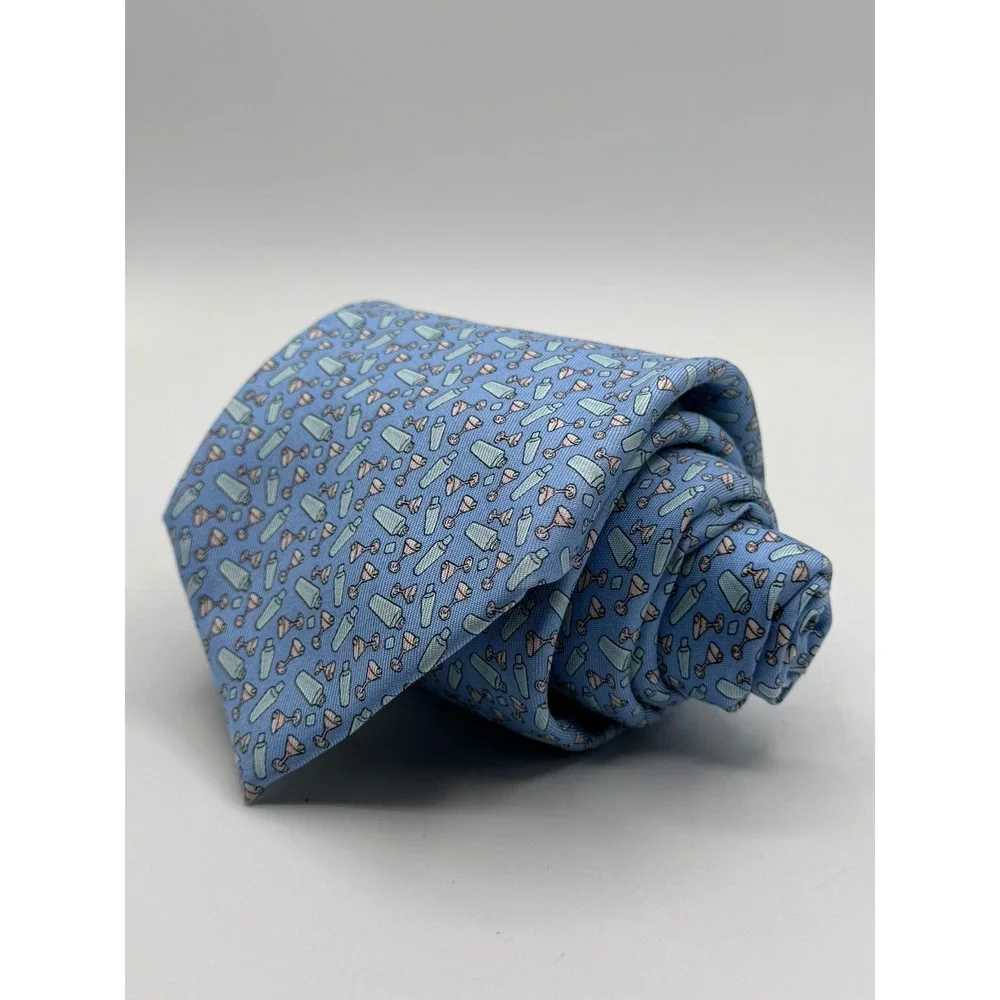 Vineyard Vines Mens Silk Tie Blue Martini Cocktail Shaker Barware Print 2003577